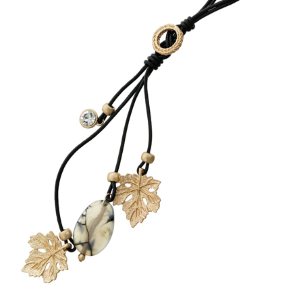 black cord with gold tone leaf and stone necklace